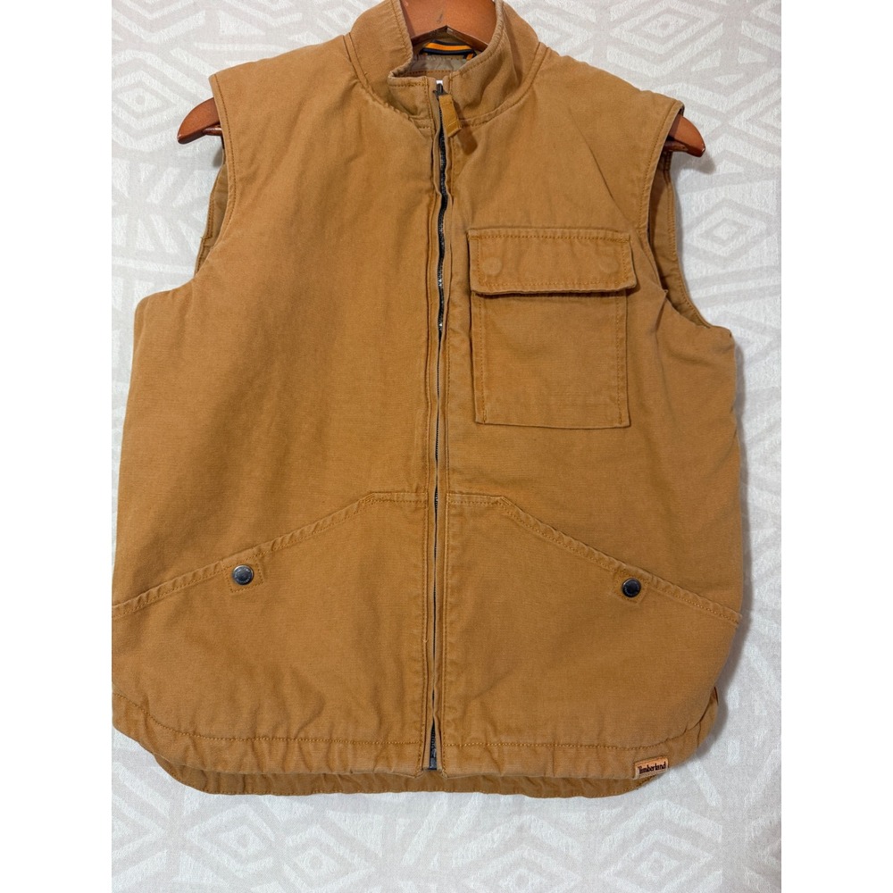 Timberland Mens Tan Cotton Canvas Insulated Workwear Vest Full Zip Mock Neck S